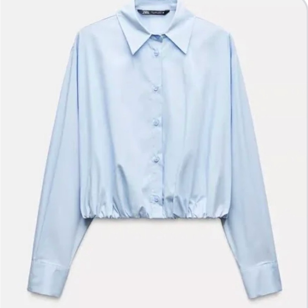 Zara Light Blue Cropped Button-Down Shirt